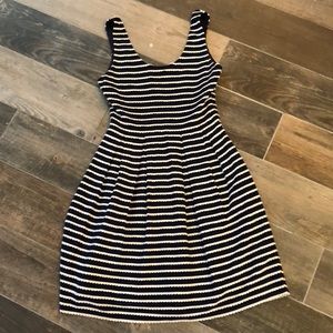 Navy dress with scalloped stripes